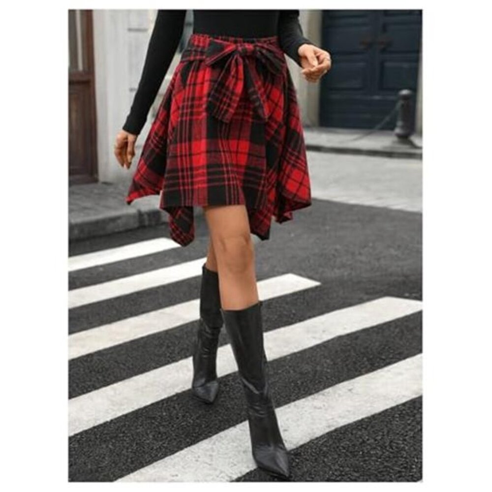 Y2k style Feminine Punk Red & Black Flannel Plaid Asymmetrical Bow Skirt Large